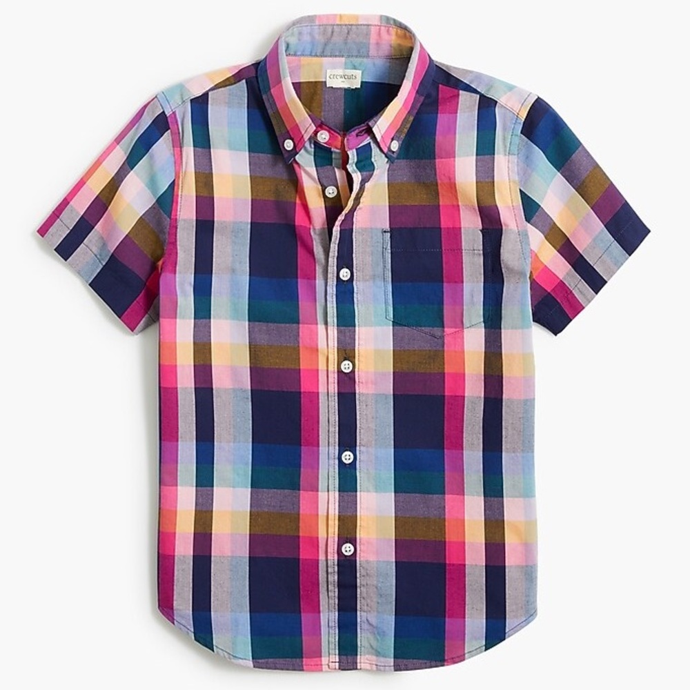 J. Crew Crewcuts Boys Multi-color Short-sleeved Mixed Plaid Shirt NWT | Size 14